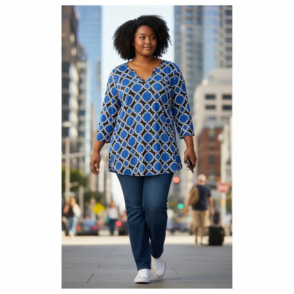 Chicos Blue Black Geometric Quatrefoil Tunic Top 3/4 Sleeve Split V-Neck Size 3